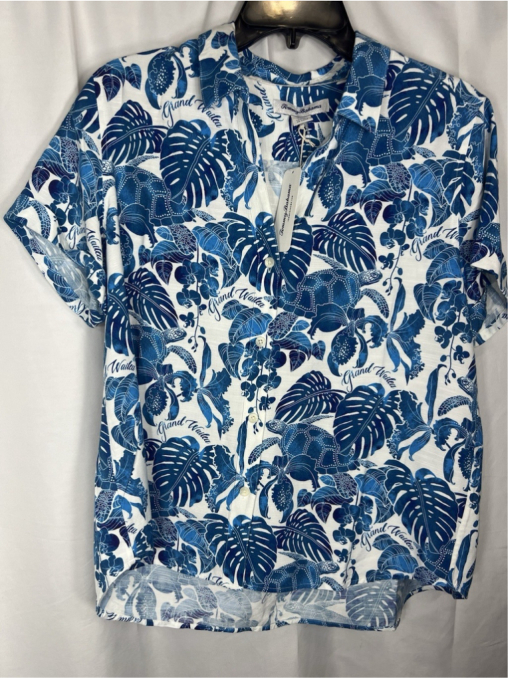 Tommy Bahama Women’s Grand Wailea SS Shirt Blue Sz M Sea Turtle Tropical Vacay